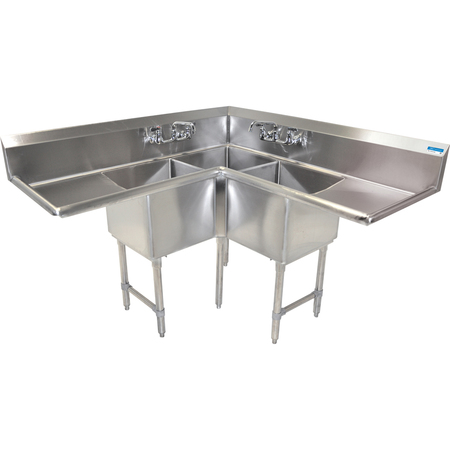 BK RESOURCES Stainless Steel 3 Compartment Corner Sink W/2-24" Drainboards 18X18X14 BKCS-3-18-14-24T